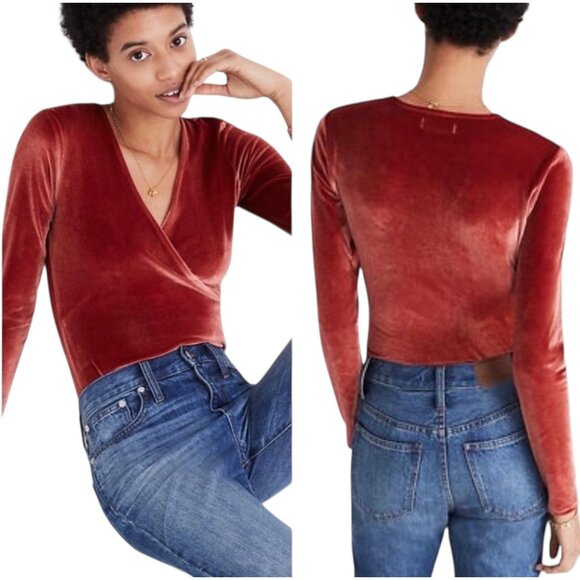 Madewell Long-Sleeve Velvet Wrap Bodysuit Sz Medium Womens Red Medium For Layeri - Picture 1 of 7